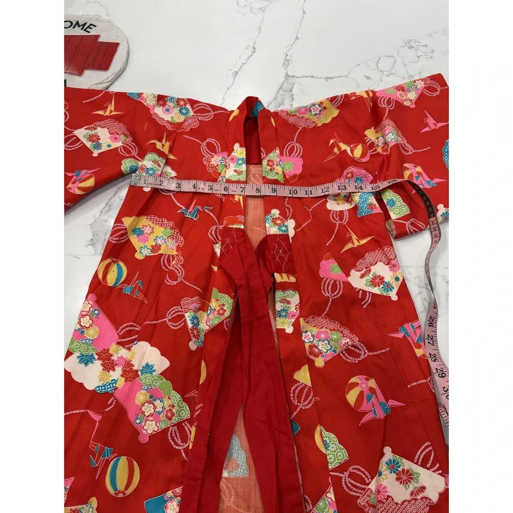 Kimono Kaftan Dress Girls 3-4 Years Red Floral V Neck Short Sleeve Japanese‎